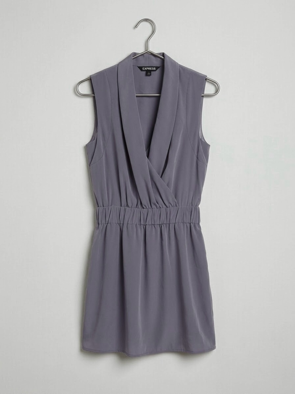 Express Women's Sleeveless Gray/Silver Mini Dress Draped V-Neck with Pockets